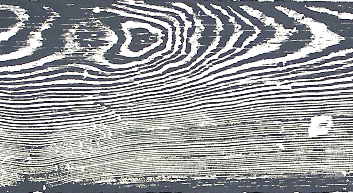 woodcut print detail from a wooden board printed grey that show lines 
which appear as natural landscape forms