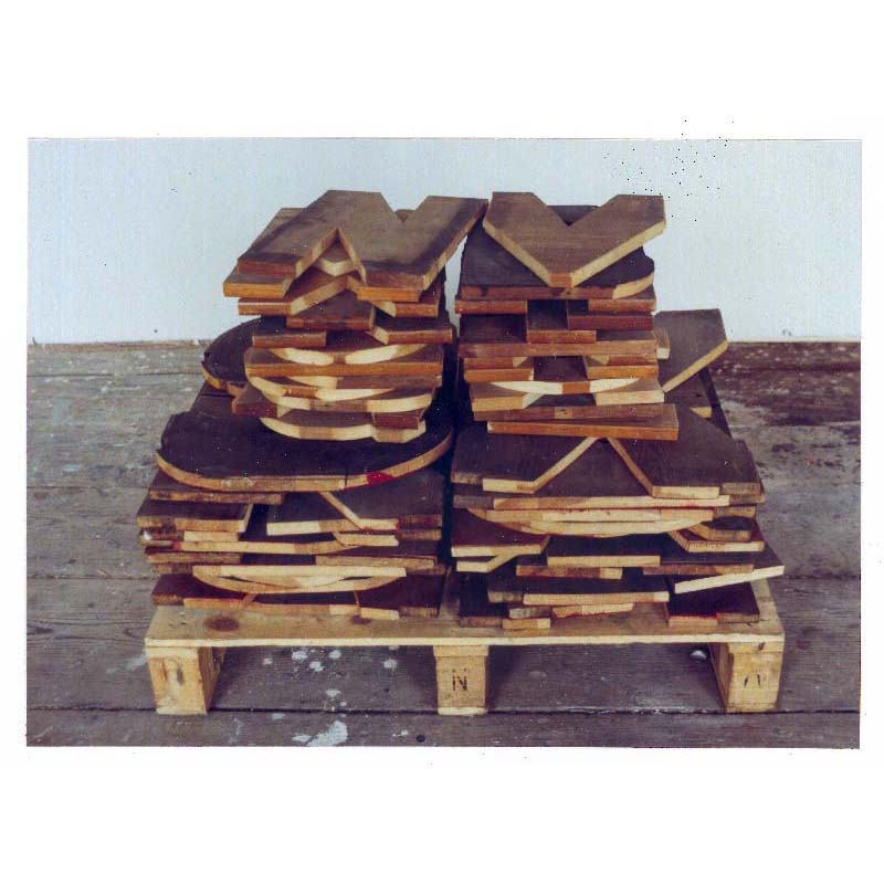 alphabets cut from old fir shelf boards shown at Art Basel 1991