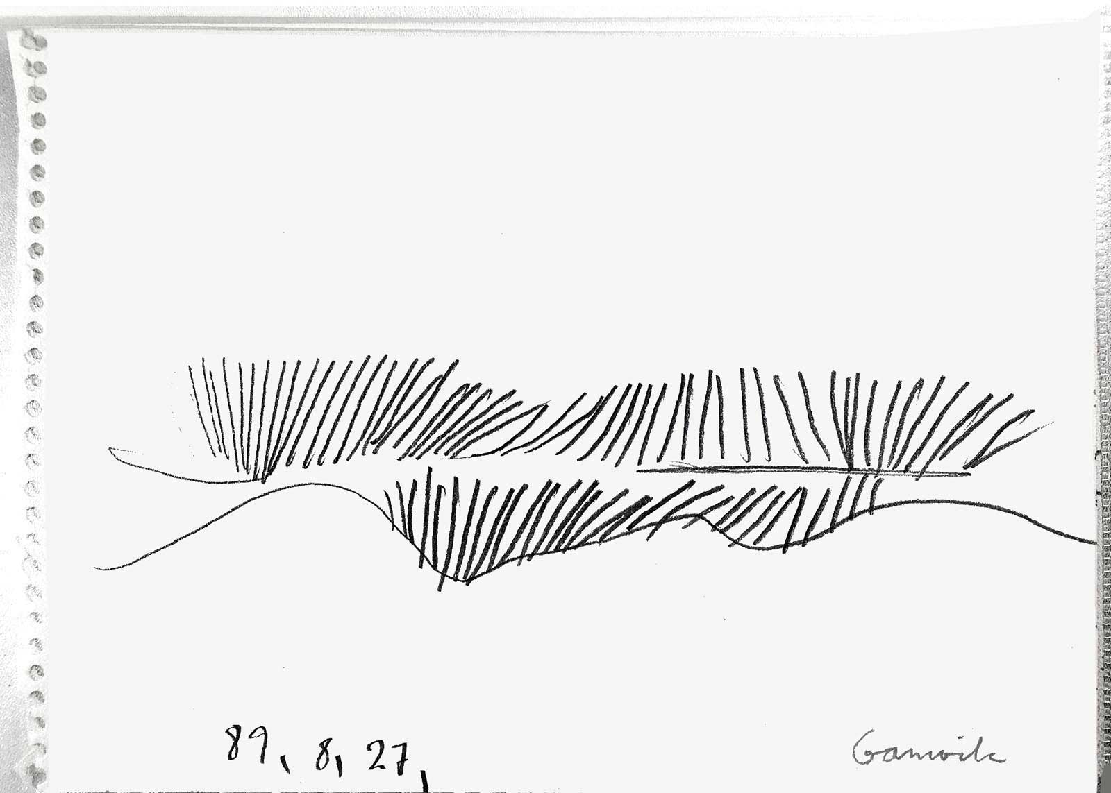 The folded wool drapery seen complete, mounted on a curtain track on the wall, 
showing the substance, pattern, context